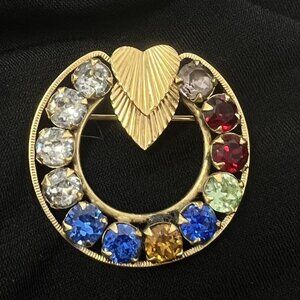 Curtis Creation Vintage Gold Filled Rhinestone Round Brooch Double Hearts 1.25"